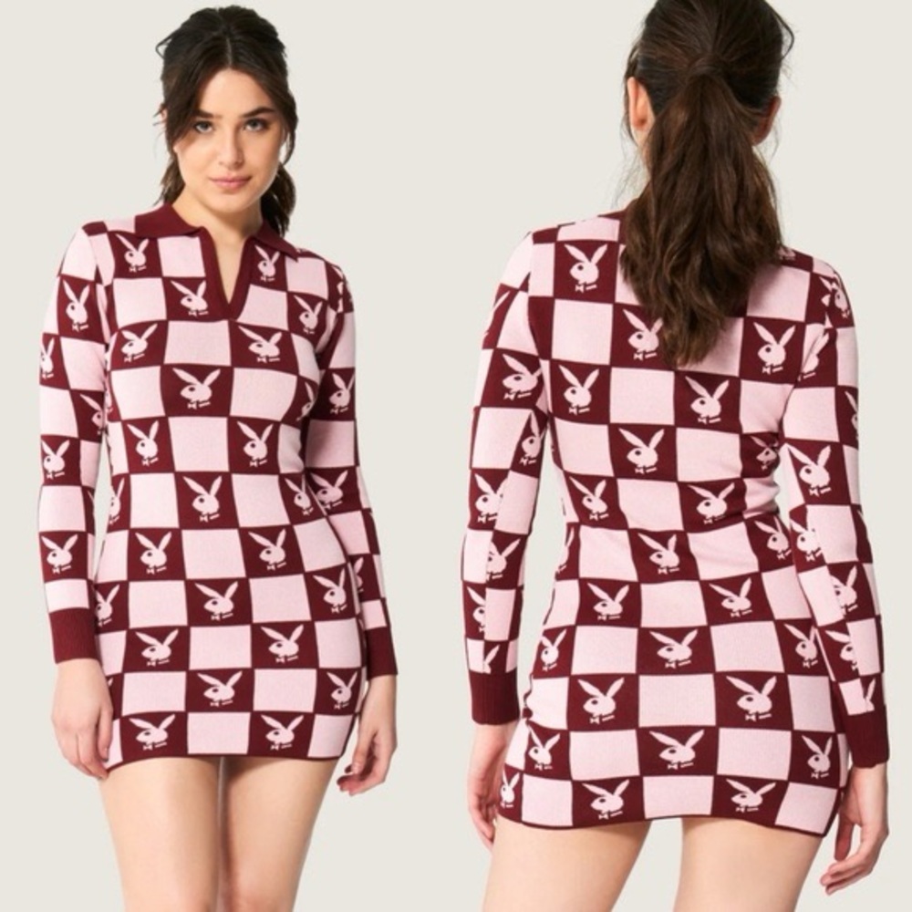 Playboy Burgundy and Pink Checkerboard Mini Dress